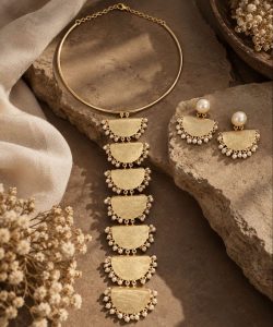Cascading Moon & Pearl Statement Necklace and Earring Set