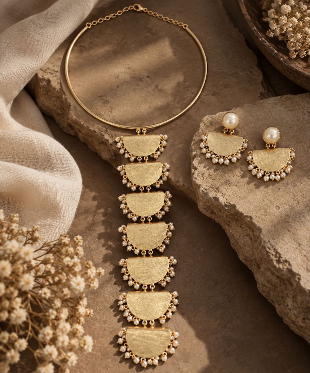 Cascading Moon & Pearl Statement Necklace and Earring Set