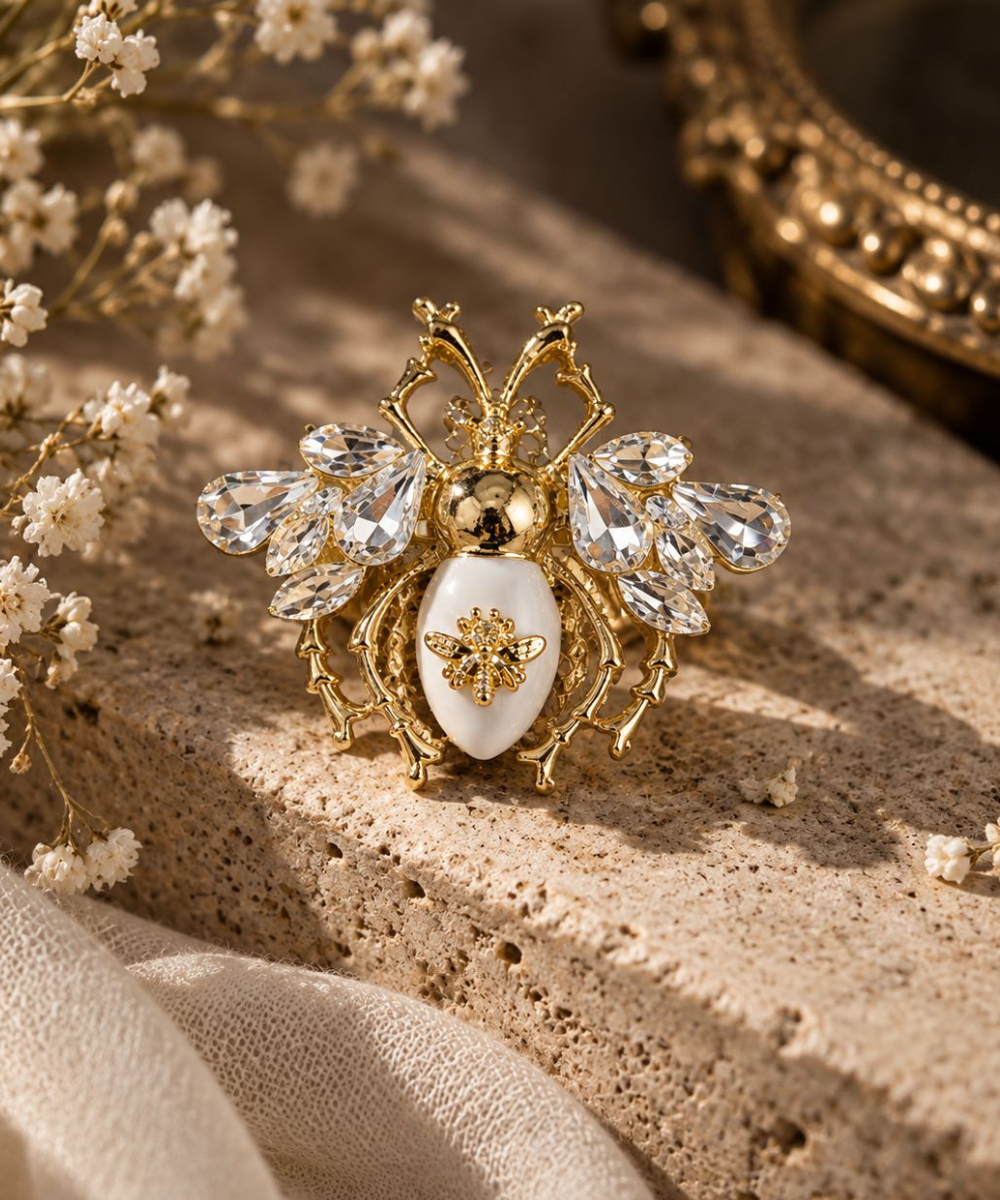 Opulent Crystal & Pearl Queen Bee Ring